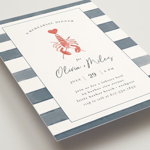 This is a navy rehearsal dinner invitations with standard by Jen Tips called love and lobsters printing on signature in standard