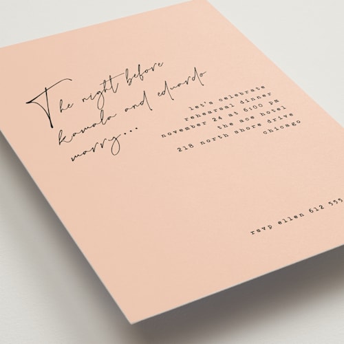 This is a blush rehearsal dinner invitations with standard by Susan Brown called just a note printing on signature in standard