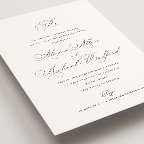 This is a pearl rehearsal dinner invitations with standard by Jennifer Postorino called initial printing on signature in standard