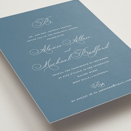 This is a porcelain rehearsal dinner invitations with standard by Jennifer Postorino called initial printing on signature in standard