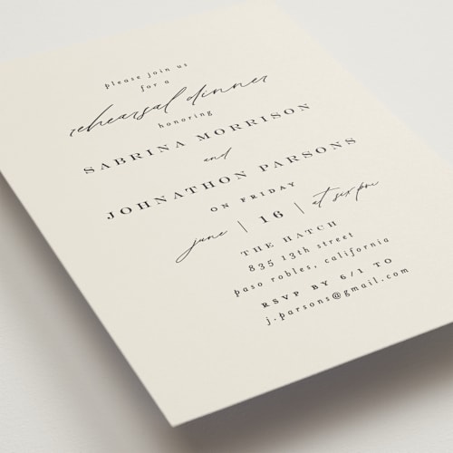 This is a ivory rehearsal dinner invitations with standard by Carolyn Nicks called softly swept printing on signature in standard