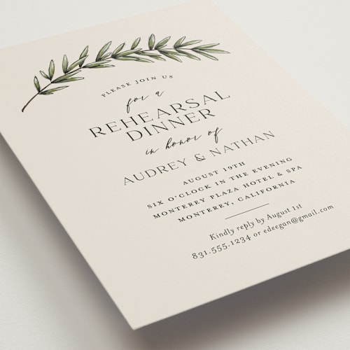 This is a rosemary rehearsal dinner invitations with standard by Erin Deegan called rosemary sprig printing on signature in standard