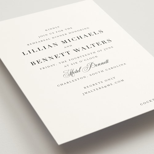 This is a tuxedo rehearsal dinner invitations with standard by Megan Davis called charleston printing on signature in standard