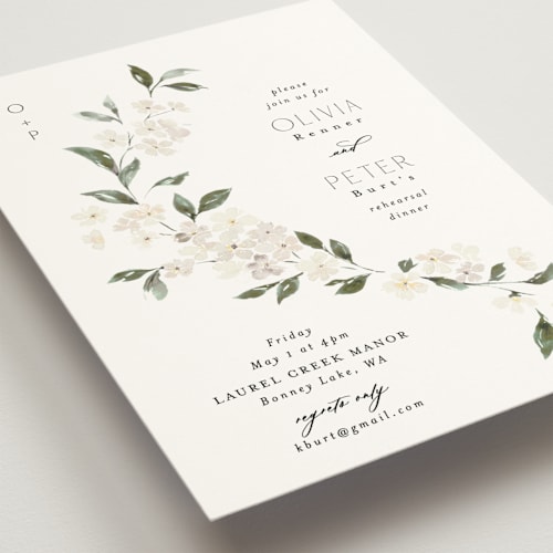 This is a porcelain rehearsal dinner invitations with standard by Itsy Belle Studio called sweeping vine printing on signature in standard