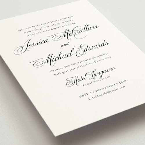 This is a cotton rehearsal dinner invitations with standard by Jennifer Postorino called empire printing on signature in standard