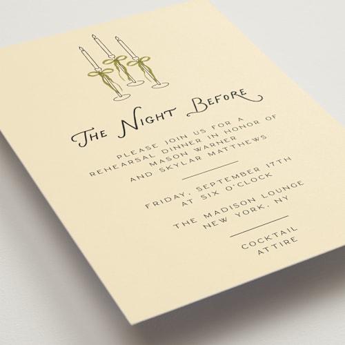 This is a lemongrass rehearsal dinner invitations with standard by Jenna Holcomb called candles printing on signature in standard