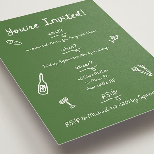 This is a kelly green rehearsal dinner invitations with standard by Cotton and Bow called first course party printing on signature in standard