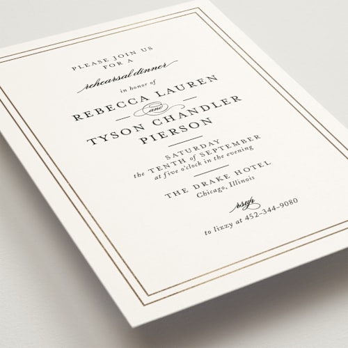 This is a goldenrod rehearsal dinner invitations with foil pressed by Kimberly FitzSimons called eloquence printing on signature in standard