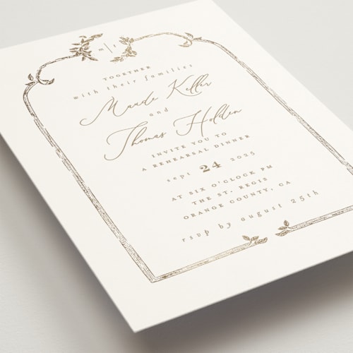This is a porcelain rehearsal dinner invitations with foil pressed by Leah Bisch called reflection printing on signature in standard
