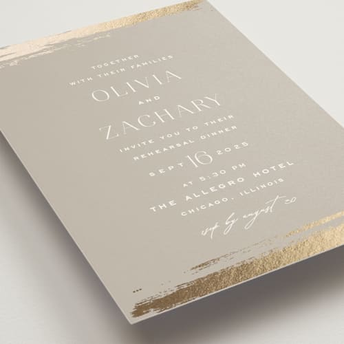 This is a clay rehearsal dinner invitations with foil pressed by Carolyn Nicks called true love printing on signature in standard