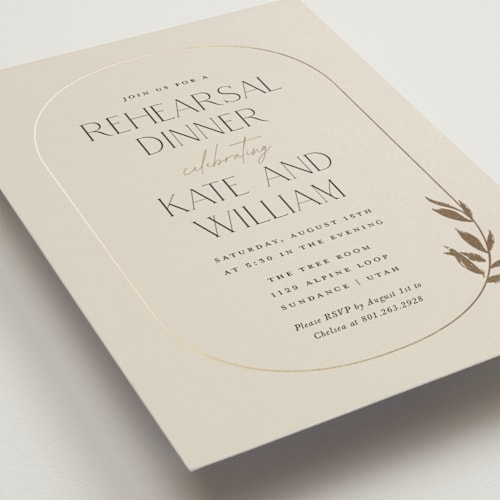 This is a sand rehearsal dinner invitations with foil pressed by Robert and Stella called locket printing on signature in standard