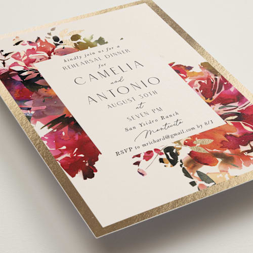 This is a maroon rehearsal dinner invitations with foil pressed by Lori Wemple called floral printing on signature in standard