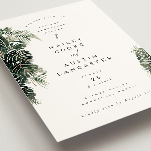 This is a palm rehearsal dinner invitations with foil pressed by Gwen Bedat called tropics printing on signature in standard