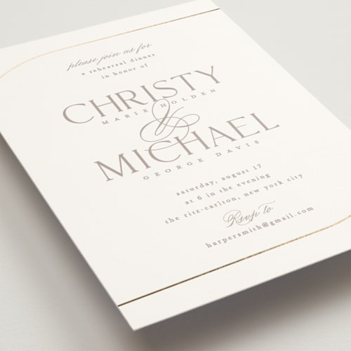 This is a lily rehearsal dinner invitations with foil pressed by Creo Study called glimmering sweep printing on signature in standard