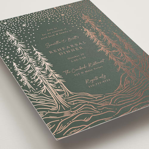 This is a forest rehearsal dinner invitations with foil pressed by Becky Nimoy called forest stars printing on signature in standard