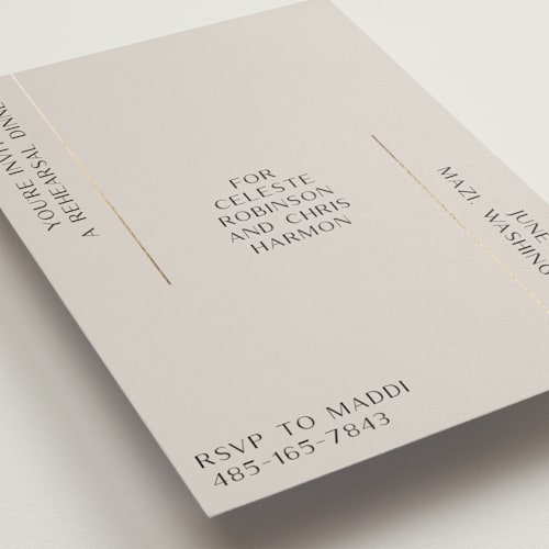 This is a taupe rehearsal dinner invitations with foil pressed by Gwen Bedat called modern day printing on signature in standard