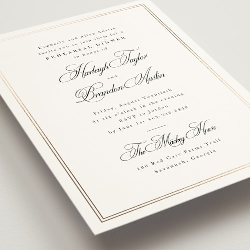 This is a snow rehearsal dinner invitations with foil pressed by Sarah Brown called traditionalist printing on signature in standard