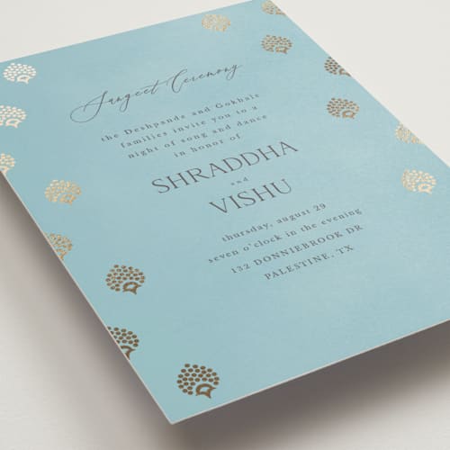 This is a celestial foil stamped wedding invitations with foil pressed by Deynaaz Daraei called shraddha printing on signature in standard