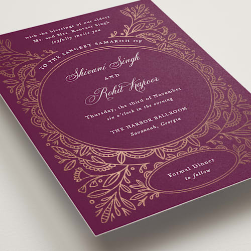 This is a amethyst foil stamped wedding invitations with foil pressed by Mansi Verma called zardozi printing on signature in standard