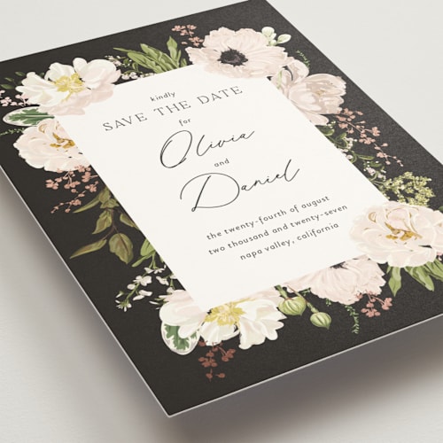This is a champagne foil stamped save the date cards with foil pressed by Susan Moyal called timeless blooms printing on signature in standard