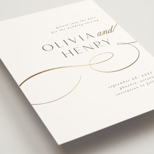 This is a snow foil stamped save the date cards with foil pressed by Jen Banks called forever and printing on signature in standard