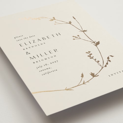 This is a cotton foil stamped save the date cards with foil pressed by Amy Kross called vine wrap printing on signature in standard