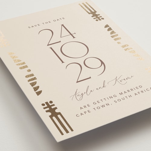 This is a sahara foil stamped save the date cards with foil pressed by David Michuki called cultured element printing on signature in standard