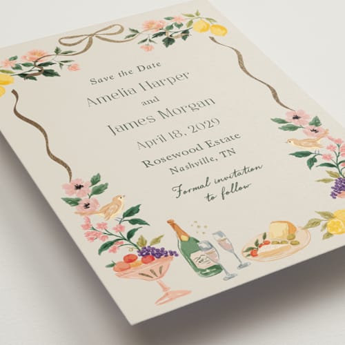 This is a garden foil stamped save the date cards with foil pressed by Elly called garden feast printing on signature in standard