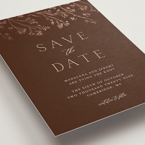 This is a mahogany foil stamped save the date cards with foil pressed by frau brandt called shining florals printing on signature in standard