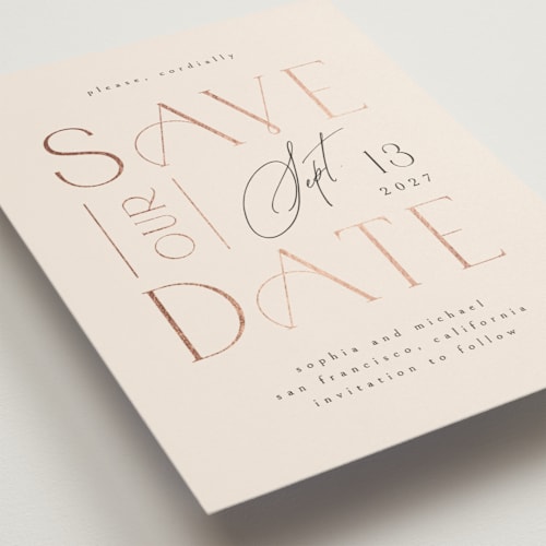 This is a cream foil stamped save the date cards with foil pressed by Ana de Sousa called cordially printing on signature in standard