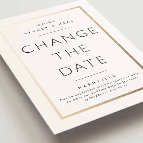 This is a silk foil stamped save the date cards with foil pressed by Stacey Meacham called modern quality printing on signature in standard
