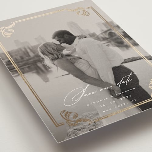 This is a ivory foil stamped save the date cards with foil pressed by Ana de Sousa called mirror printing on signature in standard
