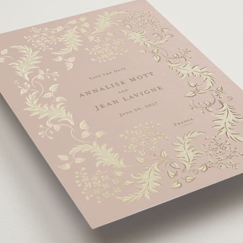This is a rose foil stamped save the date cards with foil pressed by Ani Somi called french train printing on signature in standard