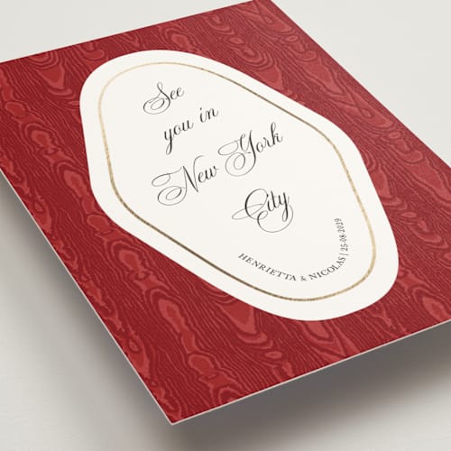 This is a crimson foil stamped save the date cards with foil pressed by Studio Suku called moiré printing on signature in standard