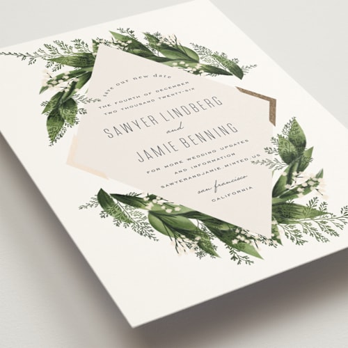 This is a forest foil stamped save the date cards with foil pressed by Leah Bisch called diamante printing on signature in standard