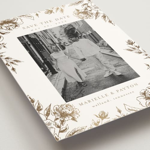 This is a wheat foil stamped save the date cards with foil pressed by Chris Griffith called wildflower date printing on signature in standard