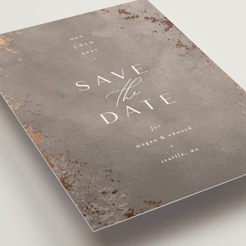 This is a concrete foil stamped save the date cards with foil pressed by Everett Paper Goods called plaster printing on signature in standard