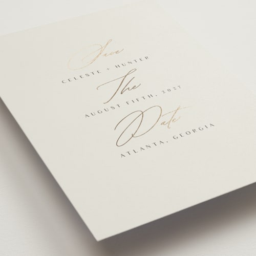 This is a mist foil stamped save the date cards with foil pressed by Lori Wemple called gallant printing on signature in standard