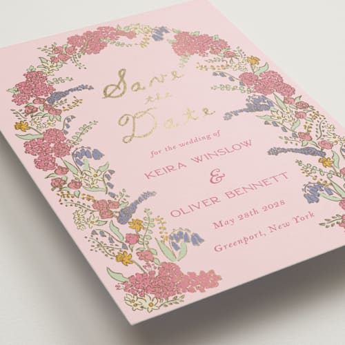 This is a tea rose foil stamped save the date cards with foil pressed by Sarah Rosenthal called evergold blooms printing on signature in standard