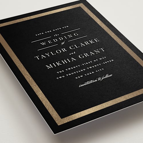 This is a black tie foil stamped save the date cards with foil pressed by Jennifer Postorino called adelaide printing on signature in standard