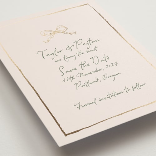 This is a moss foil stamped save the date cards with foil pressed by Cass Loh called ribbon bow drawing printing on signature in standard
