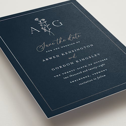 This is a aegean foil stamped save the date cards with foil pressed by chocomocacino called kouignette printing on signature in standard
