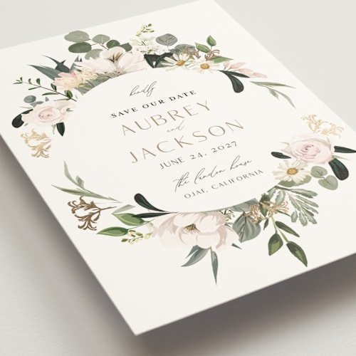This is a verdant foil stamped save the date cards with foil pressed by Susan Moyal called country garden printing on signature in standard