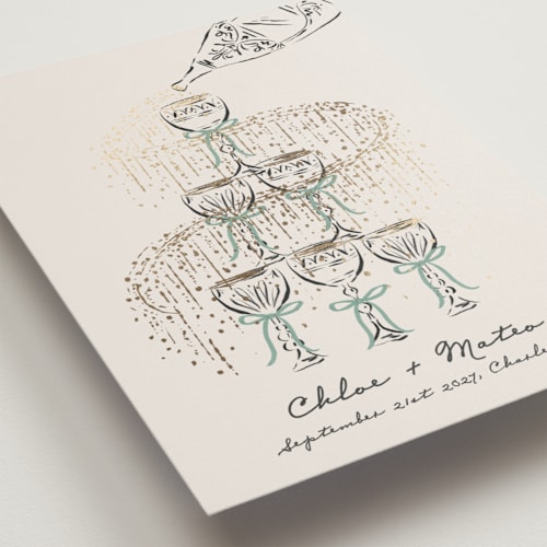 This is a forest foil stamped save the date cards with foil pressed by Jackie Crawford called sparkling champagne tower printing on signature in standard