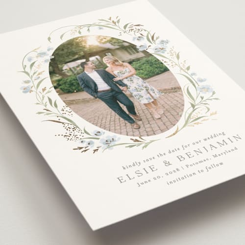 This is a blue bonnet foil stamped save the date cards with foil pressed by Erin L. Wilson called meadow printing on signature in standard