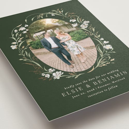 This is a forest floor foil stamped save the date cards with foil pressed by Erin L. Wilson called meadow printing on signature in standard