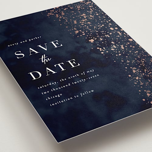 This is a midnight foil stamped save the date cards with foil pressed by Angela Marzuki called glistening stardust printing on signature in standard