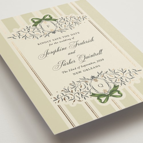 This is a moss foil stamped save the date cards with foil pressed by Jackie Crawford called josephine printing on signature in standard