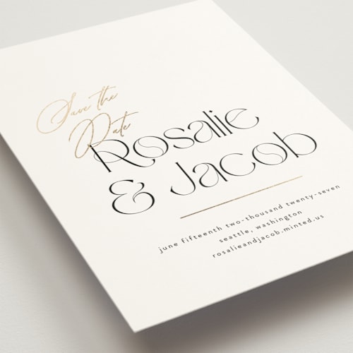 This is a snow foil stamped save the date cards with foil pressed by Itsy Belle Studio called aula printing on signature in standard