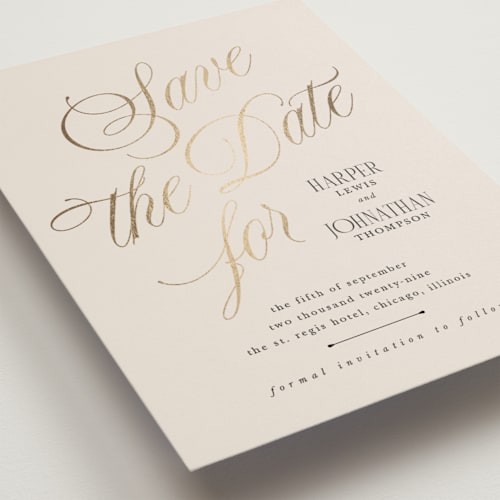 This is a linen foil stamped save the date cards with foil pressed by Kate Ahn called mirin printing on signature in standard